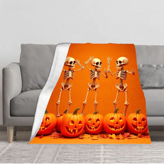 Durable Soft & Warm Flannel Blanket - Cozy Skeletons on Pumpkins Design Perfect for Sofa Travel Bed & Chair - Halloween Theme