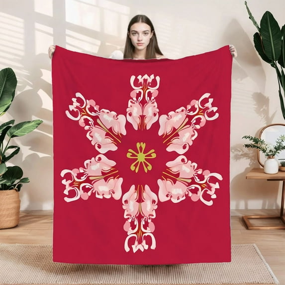 Durable Soft & Warm Flannel Blanket - Cozy Star & Petal Design in Vibrant Pink & Yellow on Rich Red Perfect for Sofa Travel & Bed