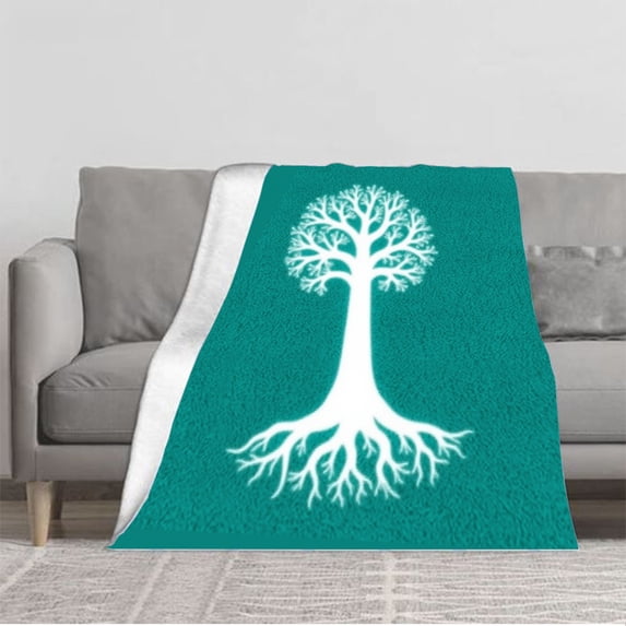 Durable Soft & Warm Flannel Blanket - Cozy Tree Design on Teal Background Perfect for Sofa Travel Bed & Chair
