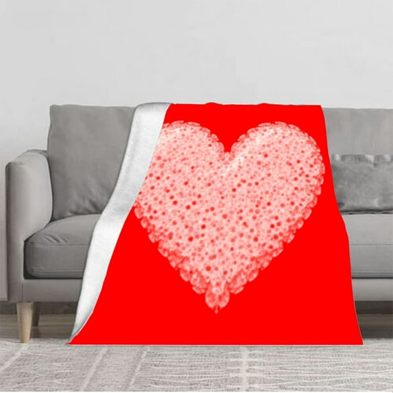 Durable Soft & Warm Flannel Blanket - Cozy White Dot Heart Design on Vibrant Red Perfect for Sofa Travel Bed & Chair