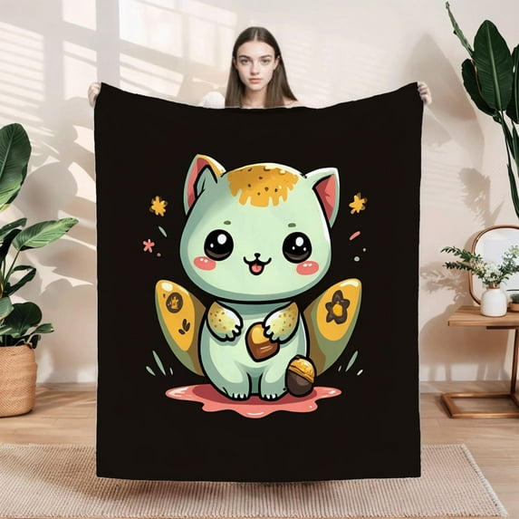 Durable Soft & Warm Flannel Blanket - Cute Cartoon Cat Design with Colorful Flowers & Hearts Perfect for Sofa Travel Bed & Chair