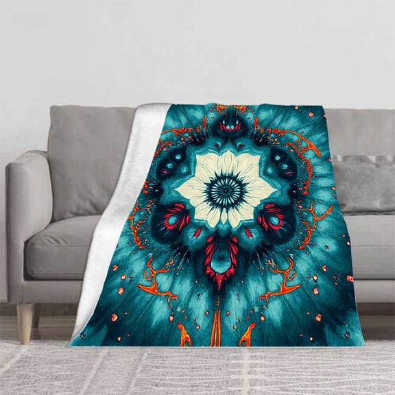 Durable Soft & Warm Flannel Blanket - Vibrant Kaleidoscopic Pattern with Central Flower Design Perfect for Sofa Travel Bed & Chair