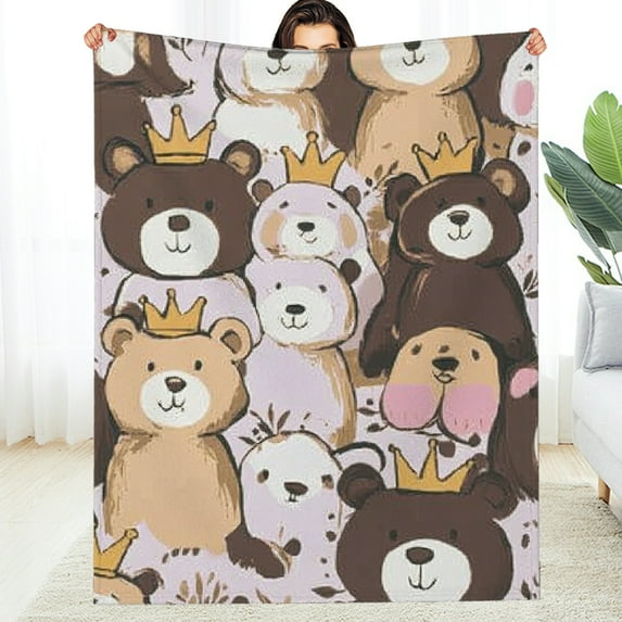 Durable Soft and Warm Flannel Blanket, bears crowns pattern Home Leisure Flannel Blanket - Air Conditioning Tear-Resistant Multifunctional for Sofa, Travel, Camping, Bed, Chair, Multi-purpose Gift
