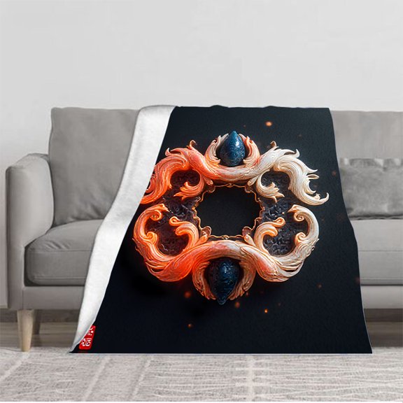 Durable Soft and Warm Flannel Blanket - Cozy Sofa Travel Bed Chair Blanket with Intricate Flame - Like Patterns in Orange and White