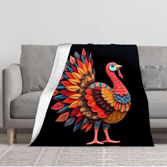 Durable Soft and Warm Flannel Blanket - Cozy Turkey Pattern Design for Sofa Travel Bed and Chair - Vibrant Colors and Intricate Feather Details