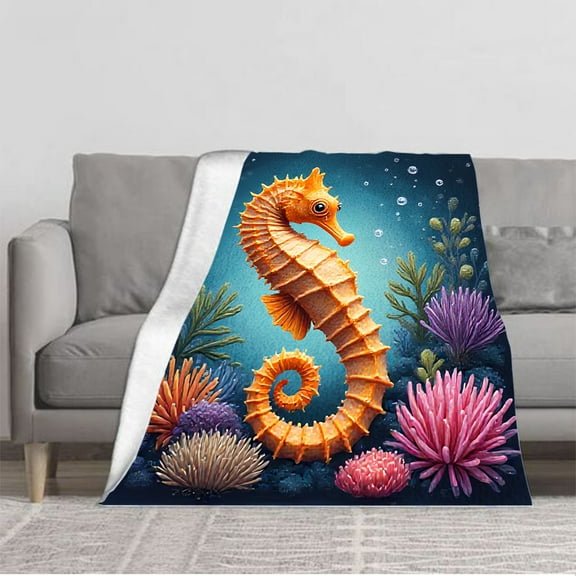 Durable Soft and Warm Flannel Blanket - Cozy Underwater Seahorse Design with Colorful Coral & Sea Plants for Sofa Travel Bed Chair