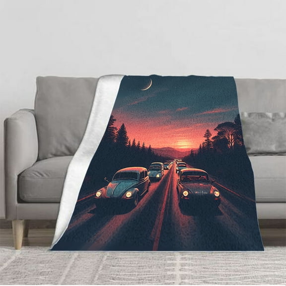 Durable Soft and Warm Flannel Blanket - Cozy Vintage Car Pattern Design for Sofa Travel Bed and Chair - Perfect for Nostalgic Evenings
