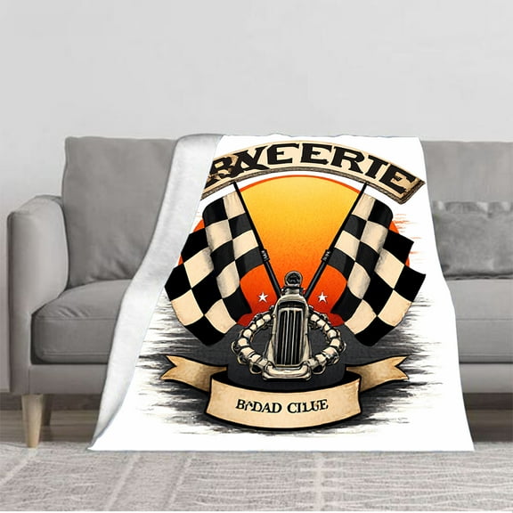 Durable Soft and Warm Flannel Blanket - Cozy Vintage Style with Checkered Flags & Engine Design for Sofa Travel Bed Chair