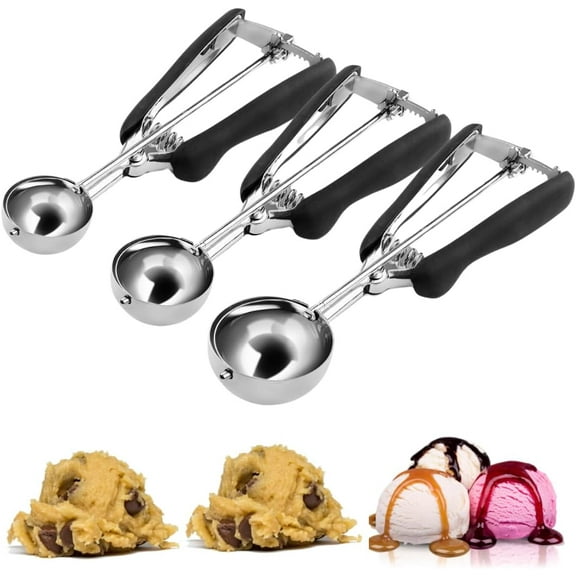 Durable Stainless Steel Cookie Scoops Set Versatile Trigger Ice Cream Scoops, 3 Sizes for Kitchen Cooking, Baking, Muffins or Fruit, Small (1 Tbsp), Medium (2 Tbsp), Large (3 Tbsp) Ballers