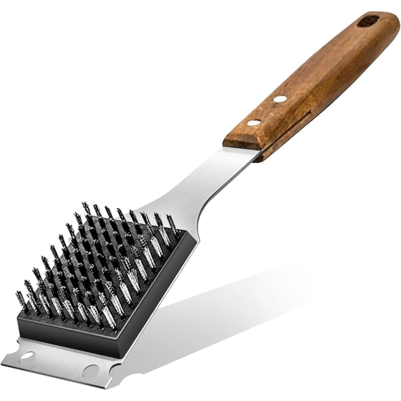 Durable Stainless Steel Grill Brush with Wooden Handle - Heavy Duty BBQ Grill Cleaner Wire Grill Brush and Scraper for Outdoor Grilling Tool