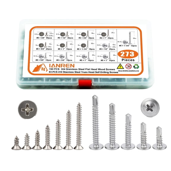 273-Piece Stainless Steel Screws Rust-Resistant Assorted Wood   Self-Tapping Screws for Construction