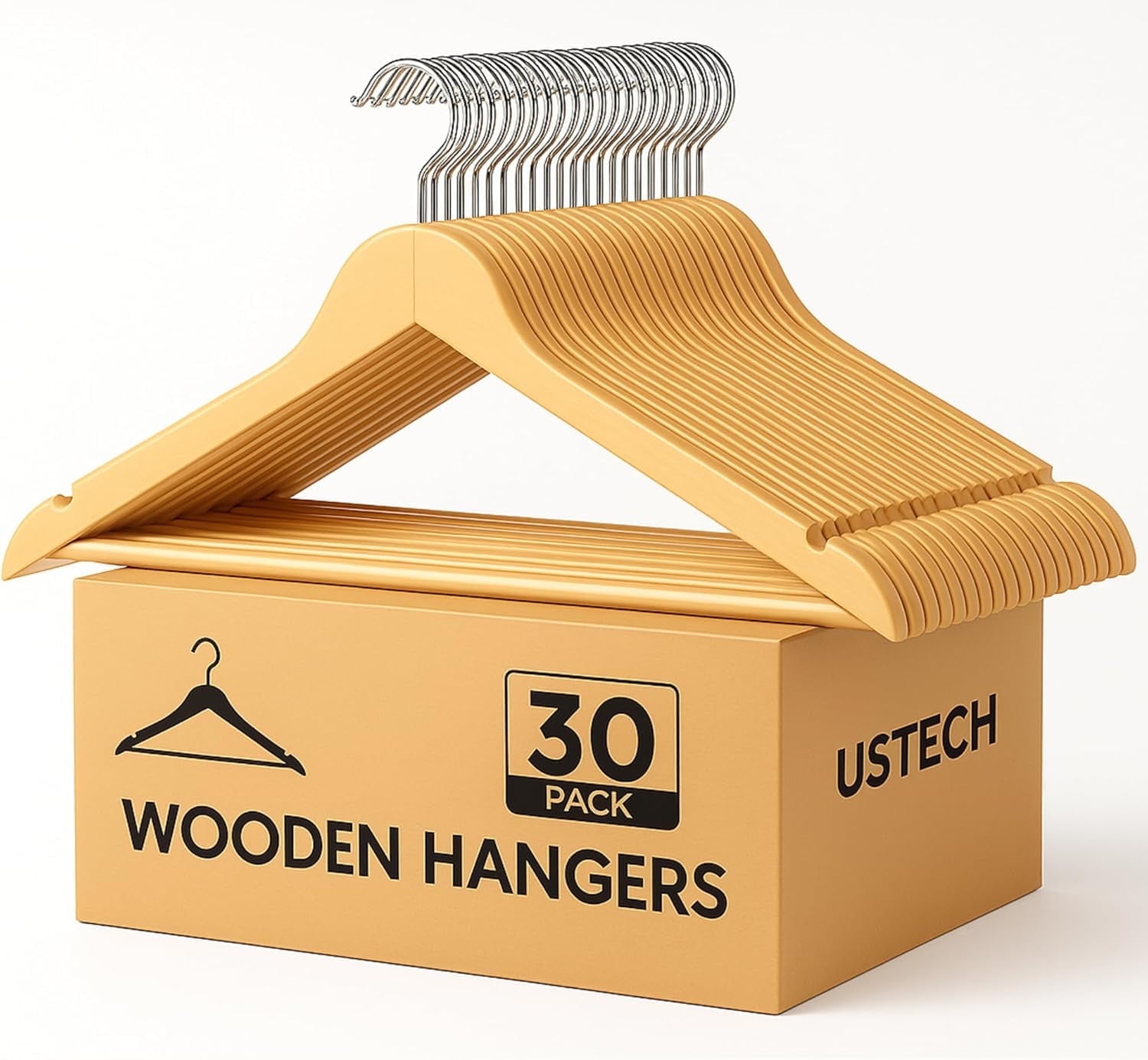USTECH 30-Pack Durable Thin Plastic Hangers, Slim Wood-Like Non-Slip Hangers with 360 Rotatable Anti-Rust Hook, Space-Saving Closet Organizer for Clothes, Coats & Suits