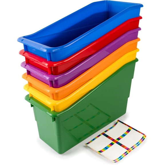 Durable Vertical Magazine, Book, Folder, File, and Binder Holders  Rainbow Color-Coded Set of 6  12.5"L x 5.25"W x 7.5"H Plastic Storage