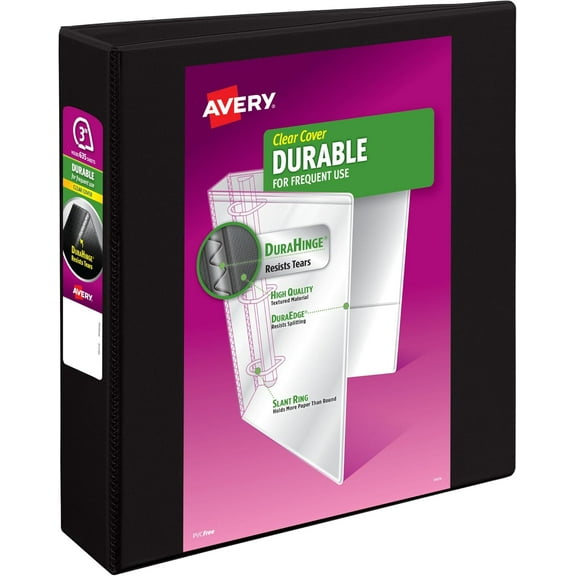 Durable View 3 Ring Binder, 3 Inch Slant Rings, 635 Sheet Capacity, Black, Holds 8.5 x 11 Paper, 3.5" Wide Spine, DuraHinge for Organizing Reports & Projects (17041)