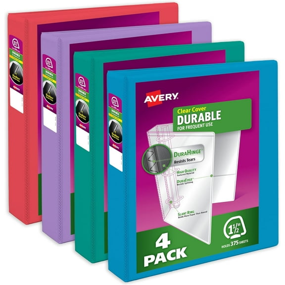 Durable View 3 Ring Binders, 1.5 Inch Slant Rings, 375-Sheet Capacity, Assorted Bright Colors, 4-Pack (05687) for School, Office, Teachers, Classrooms & Home Organization