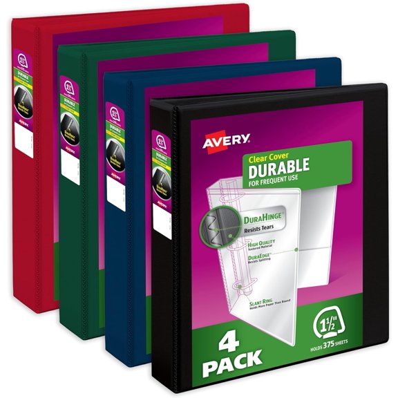 Durable View 3 Ring Binders, 1.5 Inch Slant Rings, 375-Sheet Capacity, Assorted Dark Colors, 4-Pack (05622) for School, Office, Teachers, Classrooms & Home Organization