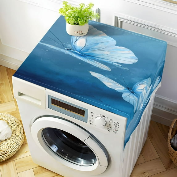 Durable Washer Cover 51.2x22in with White Lace Trim and Side Pocket Washer and Dryer Top Covers Abstract Blue and White Butterfly