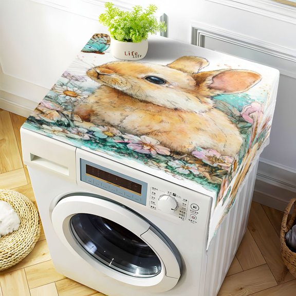 Durable Washer Cover 51.2x22in with White Lace Trim and Side Pocket Washer and Dryer Top Covers Watercolor Adorable Bunny