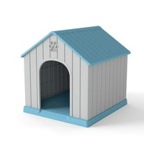 Durable Waterproof Plastic Pet Dog House Indoor Outdoor Puppy Shelter Kennel with Air Vents and Elevated Floor Blue Roof(Medium - 26" Height)