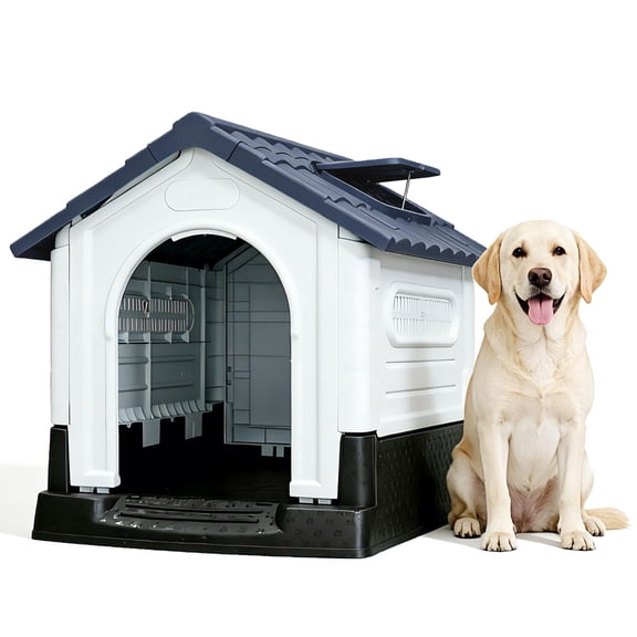 Durable Weatherproof Dog Kennel - Outdoor Plastic House for Small Dogs - Adjustable Skylight Large Gray