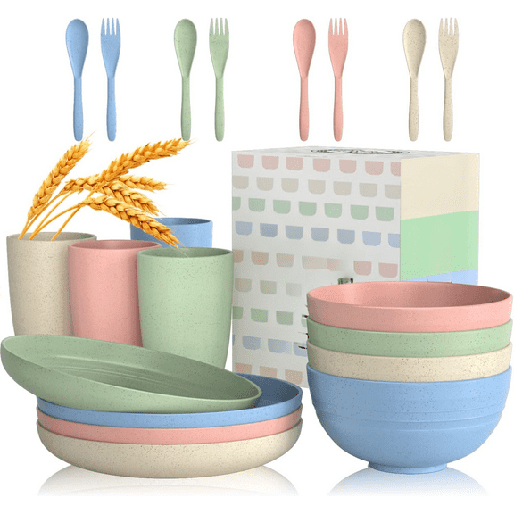 Durable Wheat Straw Dinnerware Set 20 PCS in Bright Colors for Kids and Kitchen