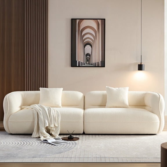 Durable White Sectional Sofa: Solid Wood Frame & High Density Sponge, Comes with 2 Throw Pillows