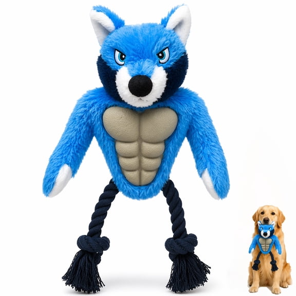 Calibonbon Wolf Rope & Plush Dog Toy with Squeaker, Interactive Tug Toy for Medium to Large Dogs, Multi-Texture Toy for Tug, Toss & Supervised Play