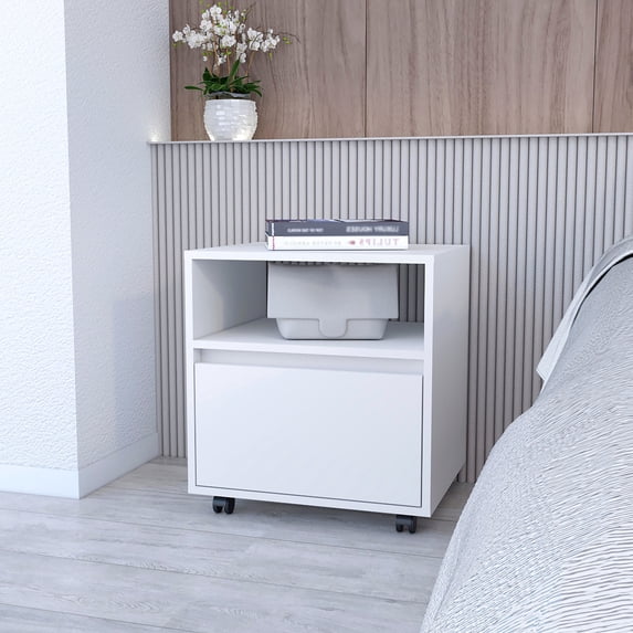 Durable Wood Material / Bedroom Use with Wheels and Drawer / Compact Nightstand for Bedroom Functionality