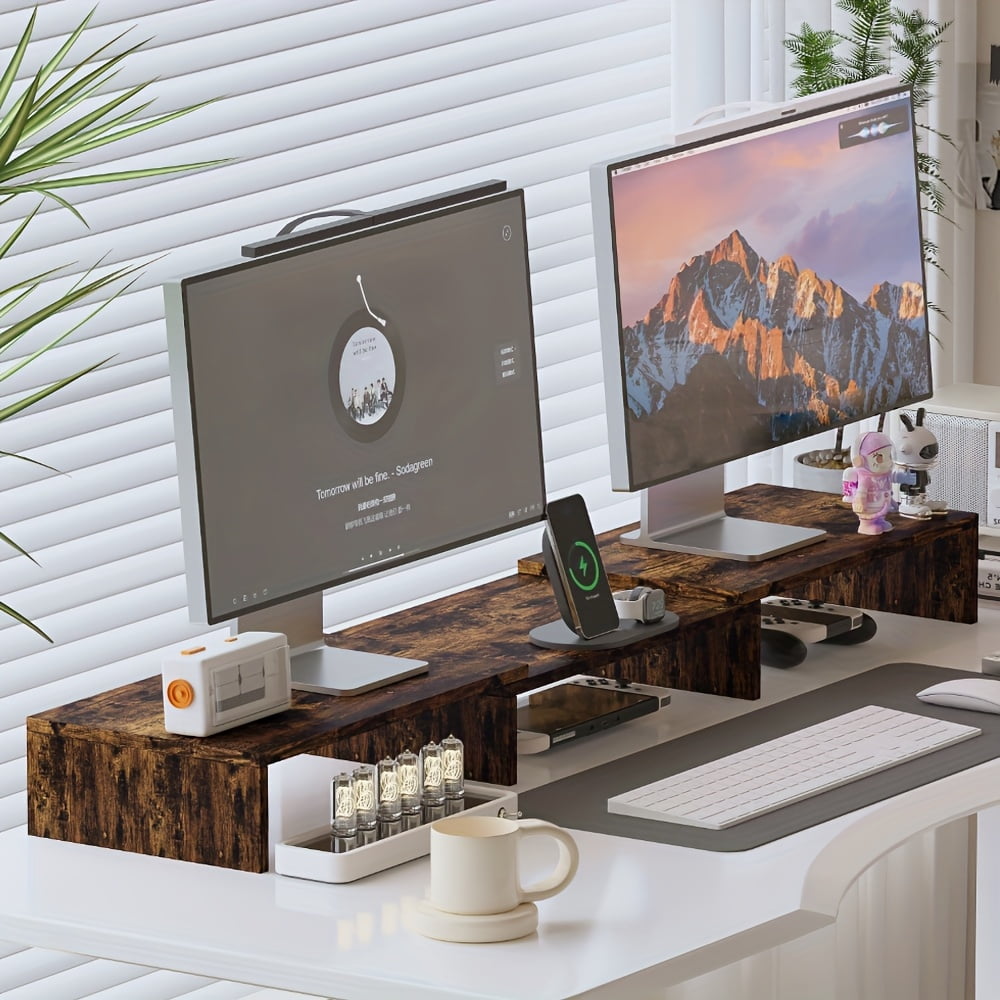 Durable Wooden Monitor Stand with Adjustable Height for Dual Screens ...