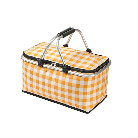 Durable Yellow Grid Insulated Picnic Basket for Convenient Outdoor Dining