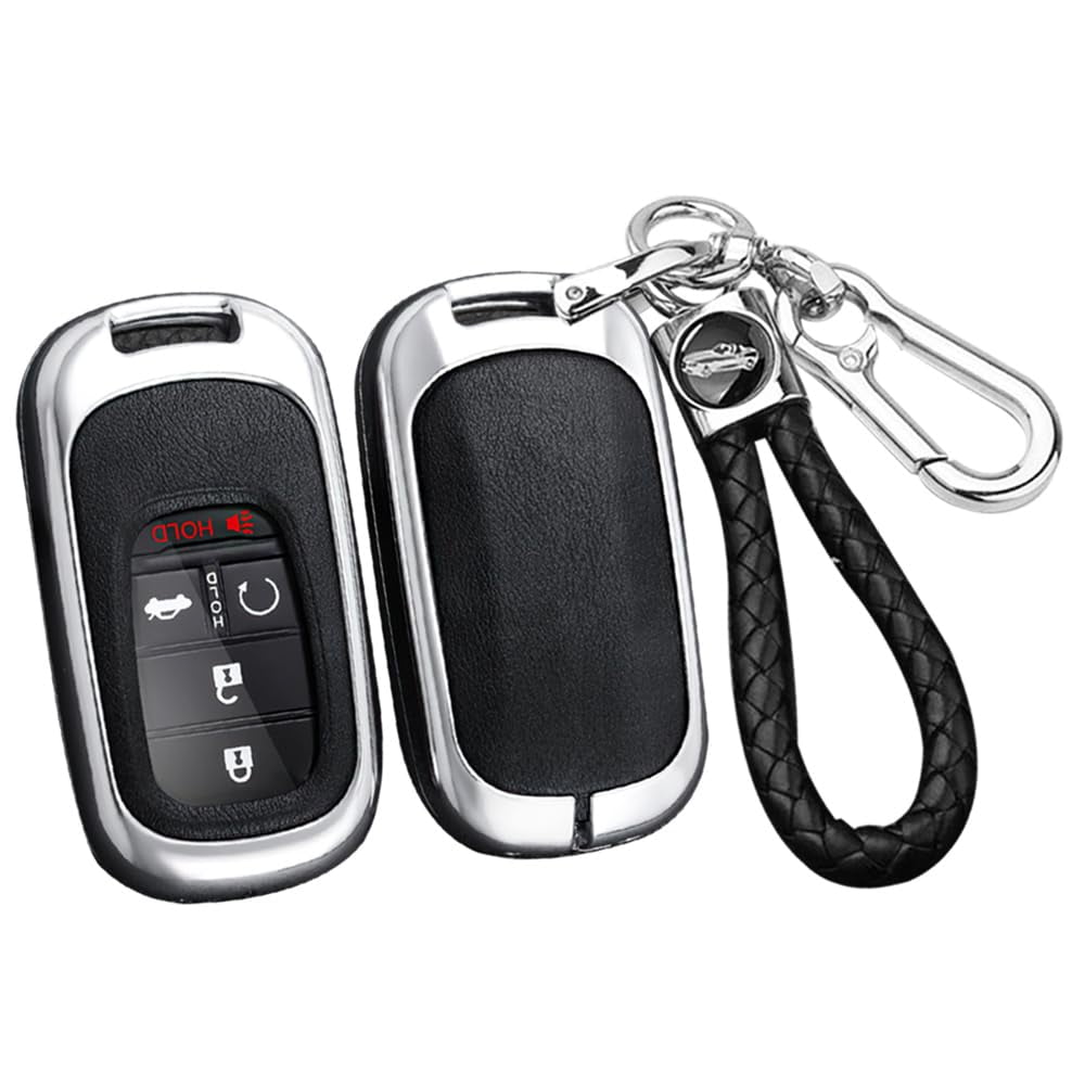 Durable Zinc Alloy and Soft PU Leather Key Fob Case Compatible with Honda CR-V HR-V Pilot Civic Accord 2022 2023 2024 Models 3 4 5 Button Protective Key Cover Holder with Convenient Keychain