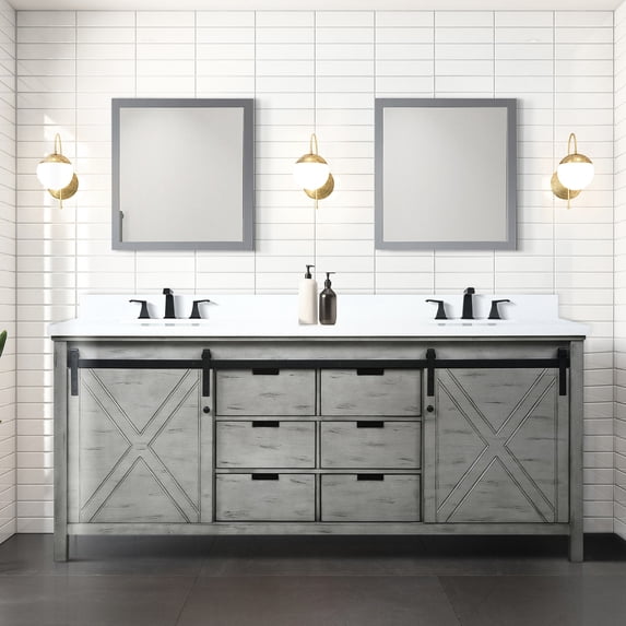 Durable and Spacious - 80-inch Ash Grey Double Bath Vanity with Scratch-resistant Quartz Top and Faucet Set