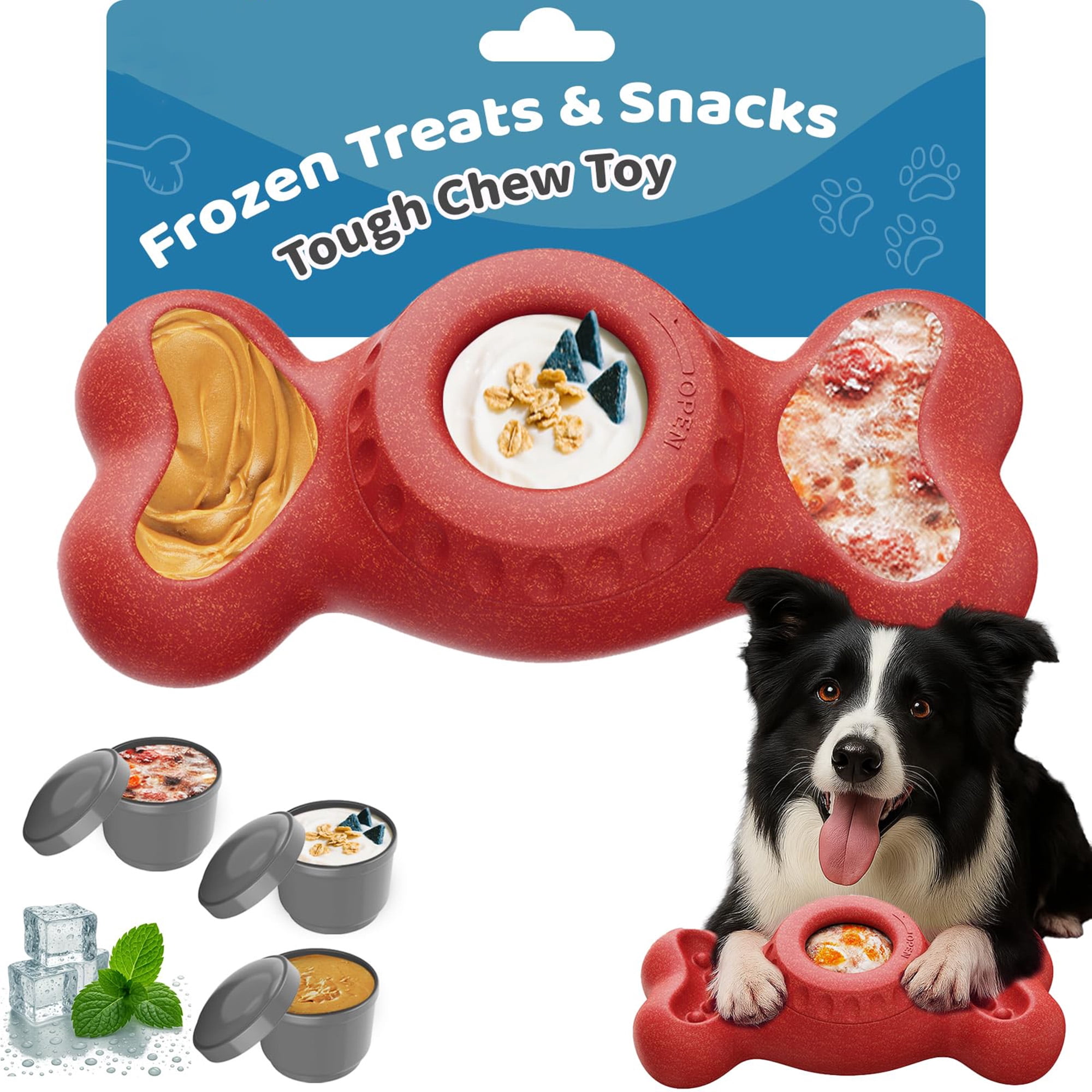 Durable nylon chew toy for aggressive chewers, with fillable treat cups & ice cream mold. Cognitive licking enrichment, bone-shaped, red. Keeps dogs busy.