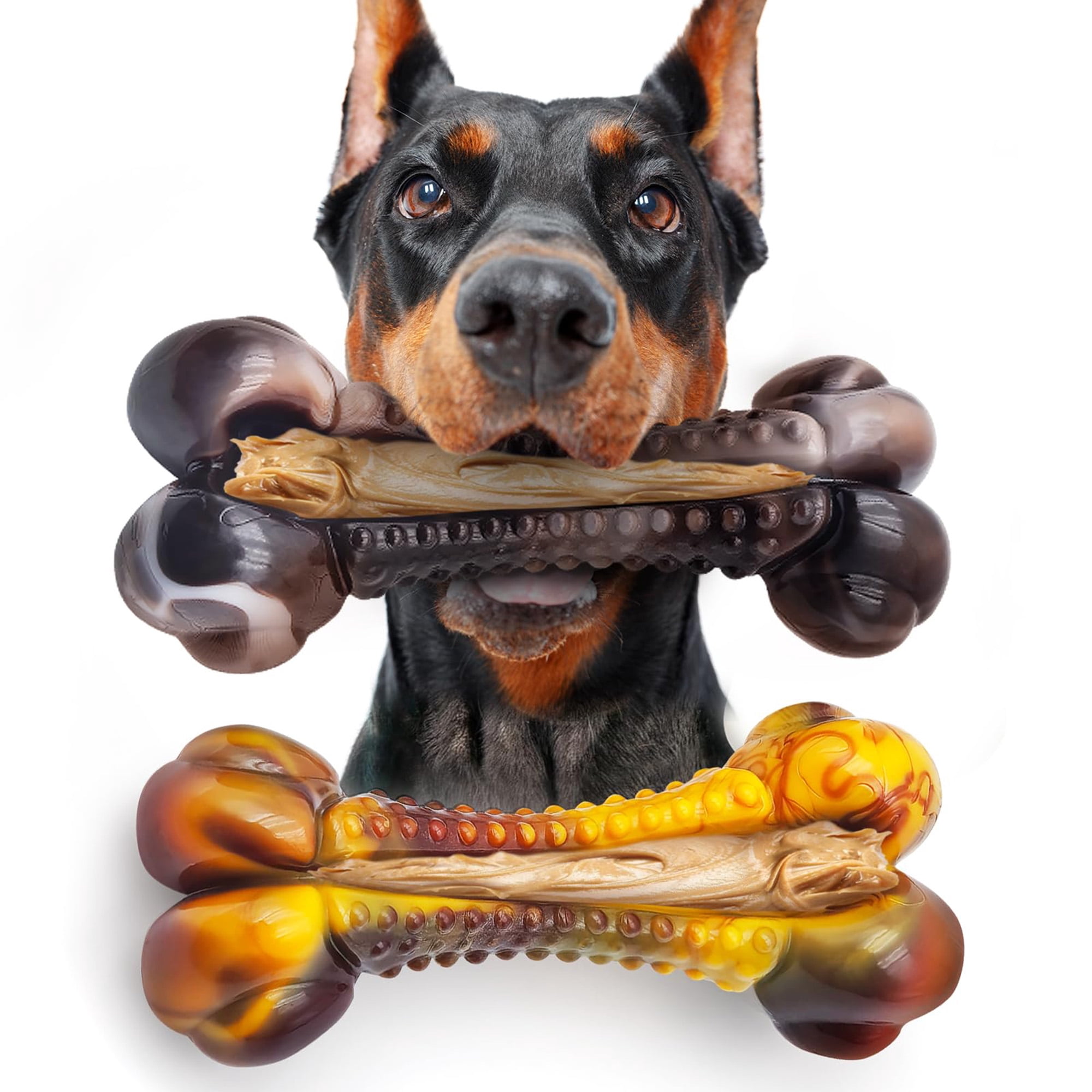 Durable nylon chew toy for aggressive chewers (all sizes), beef/bacon flavored, teeth-cleaning, indestructible bone. Multicolor.