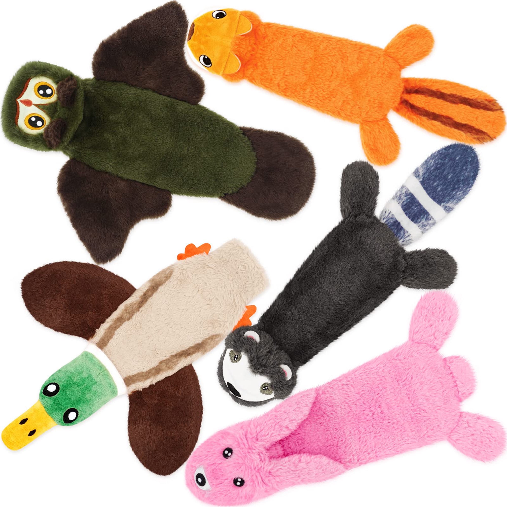 Durable plush chew toys for all dog sizes, no stuffing. Fun animal shapes with crinkle & squeak features. Teething relief & interactive play. Multicolor.