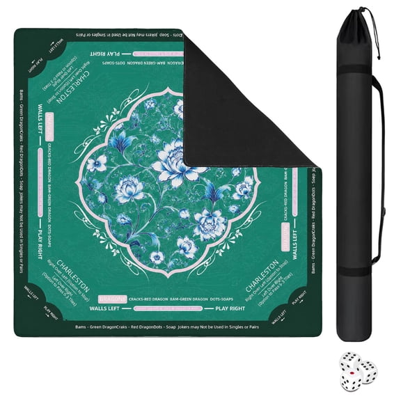 Durable rolled‑pack mahjong mats 31.5" x 31.5, flat surface after unpacking, printed game guides, anti‑slip bottom, soft comfortable fabric and portable pouch for home game parties