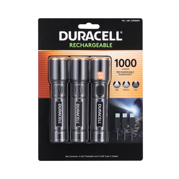 Duracell 1000 Lumen Rechargeable Flashlight - 3 Pack, Powerful, Durable & USB Rechargeable
