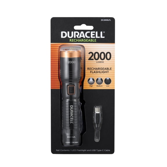 Duracell LED Rechargeable Flashlight, 2000 Lumen, IPX4 Water Resistant, 10 Hour Runtime