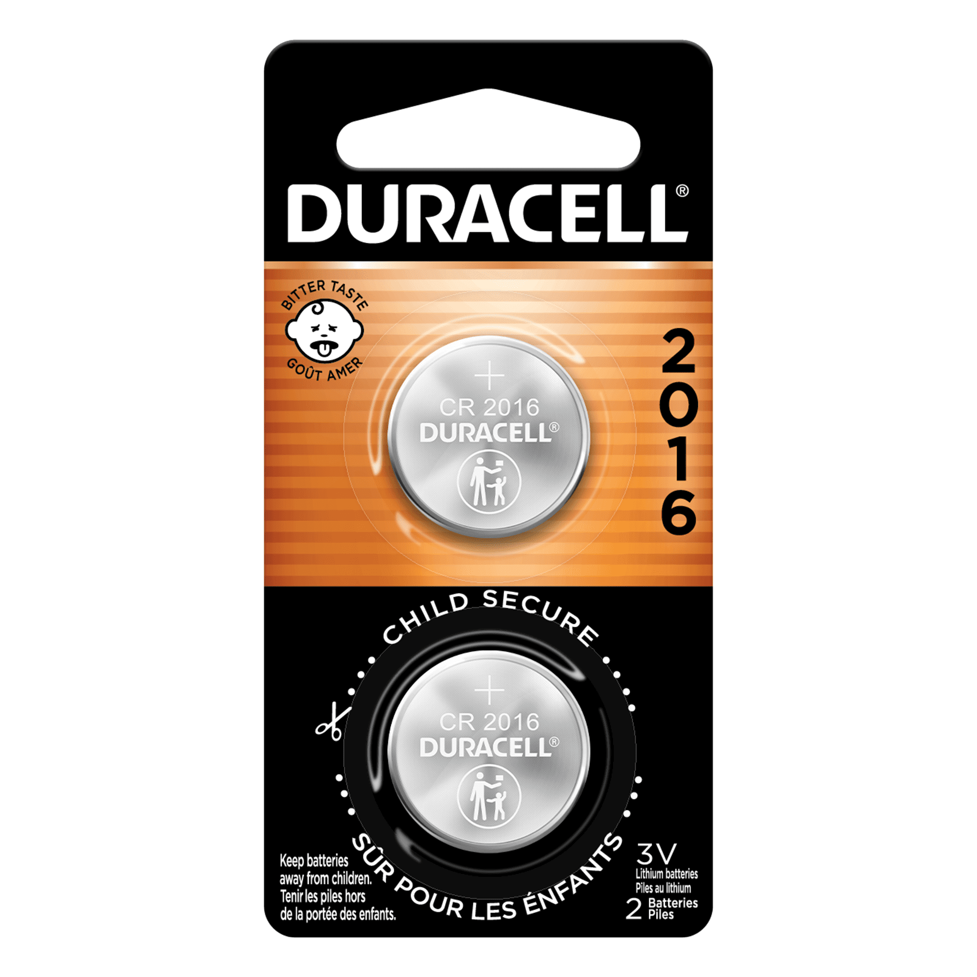 Duracell 2016 Lithium Coin Battery 3V, Bitter Coating Discourages  Swallowing, 2 Pack