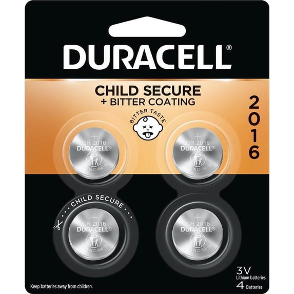 Duracell 2016 Lithium Coin Battery 3V, Bitter Coating and Child Secure Packaging, 4 Pack