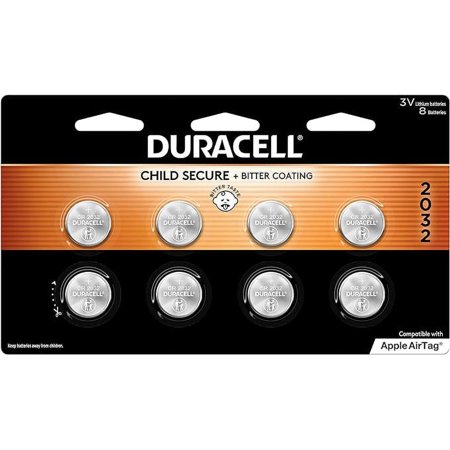 Duracell 2032 Lithium Battery. 8 Count Pack. Child Safety Features. Compatible with Apple AirTag, Key Fob, and other devices. CR2032 Battery Lithium Coin Battery. CR Lithium 3V Cell