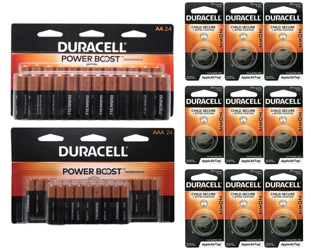 Duracell 24 AA alkaline, 24 AAA alkaline Batteries, 2032 Lithium Battery 9 Count, Child Safety Features, Compatible with Apple AirTag, Key Fob, and Other Devices.
