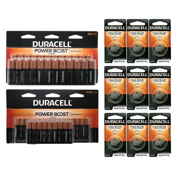 Duracell 24 AA alkaline, 24 AAA alkaline Batteries, 2032 Lithium Battery 9 Count, Child Safety Features, Compatible with Apple AirTag, Key Fob, and Other Devices.