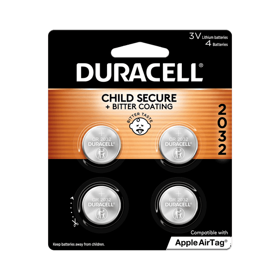 Duracell CR2032 3V Lithium Coin Battery with Child Safety Features, Compatible with Apple AirTag, Key Fob, Car Remote, Glucose Monitor, and other Devices, CR Lithium 3 Volt Cell (4 Count Pack)