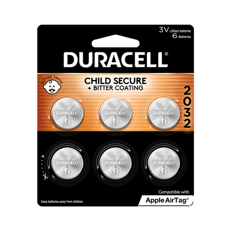 Duracell CR2032 3V Lithium Coin Battery with Child Safety Features, Compatible with Apple AirTag, Key Fob, Car Remote, Glucose Monitor, and other Devices, CR Lithium 3 Volt Cell (6 Count Pack)