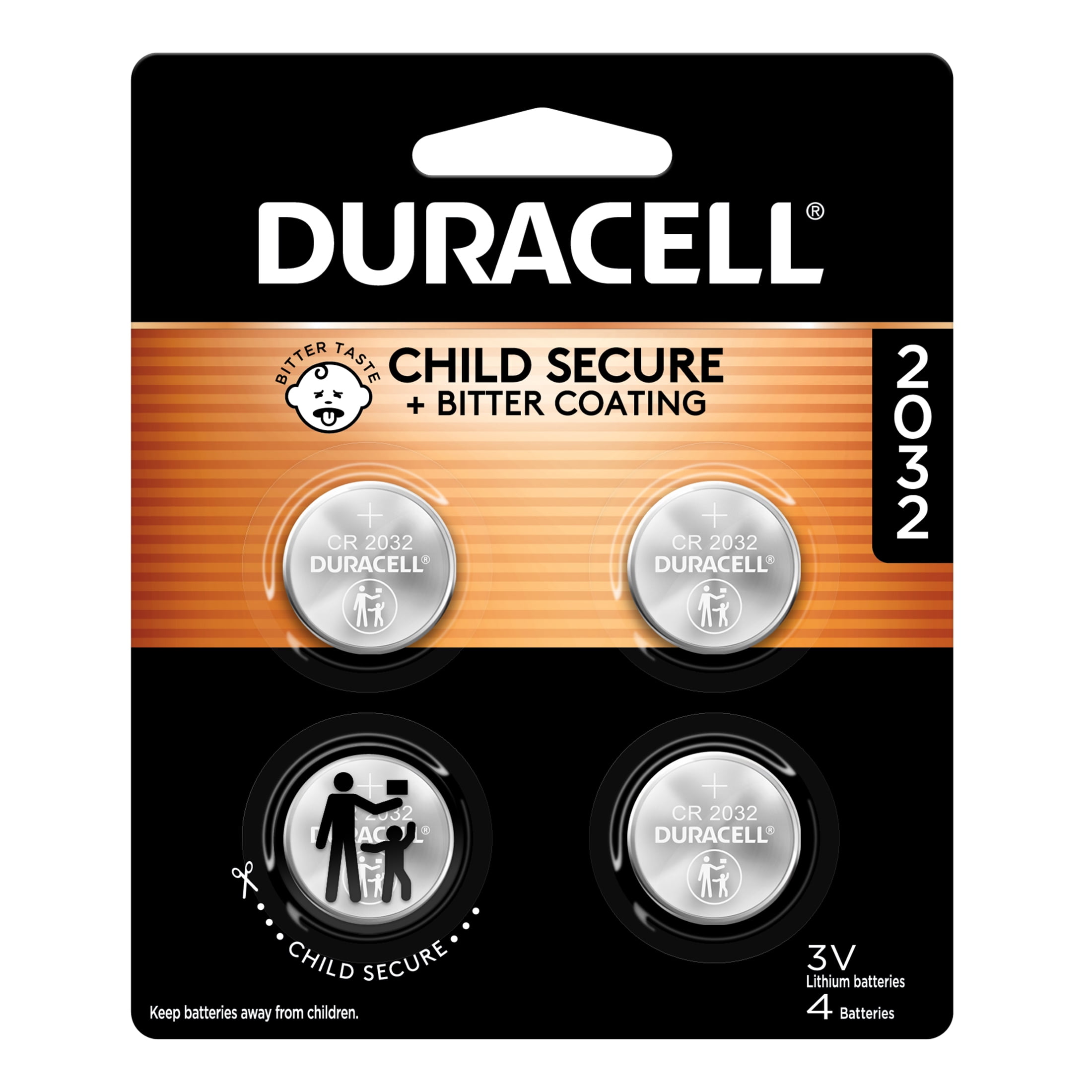 Duracell 2032 Lithium Coin Battery 3V, CR2032 Battery, Bitter Coating Discourages Swallowing, 4 Pack