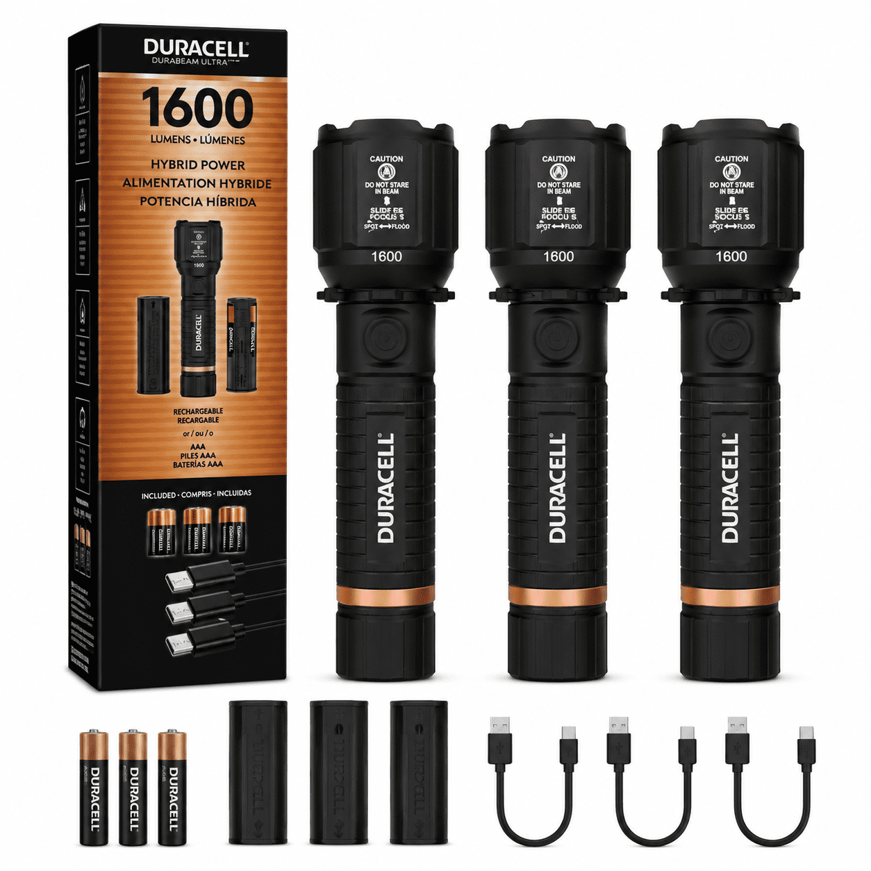 Duracell Durabeam Ultra Hybrid LED Flashlights, 1600 Lumens, USB-C Rechargeable or AAA Battery Powered, Zoom Focus, 3 Pack