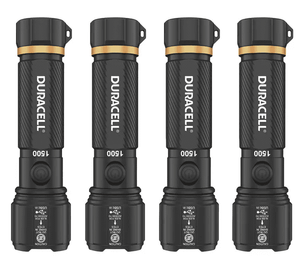 Duracell Durabeam Ultra Hybrid LED Flashlights Set of 4 1500 Lumens, Rechargeable USB-C & AAA Battery Options, Weather-Resistant Aluminum Black