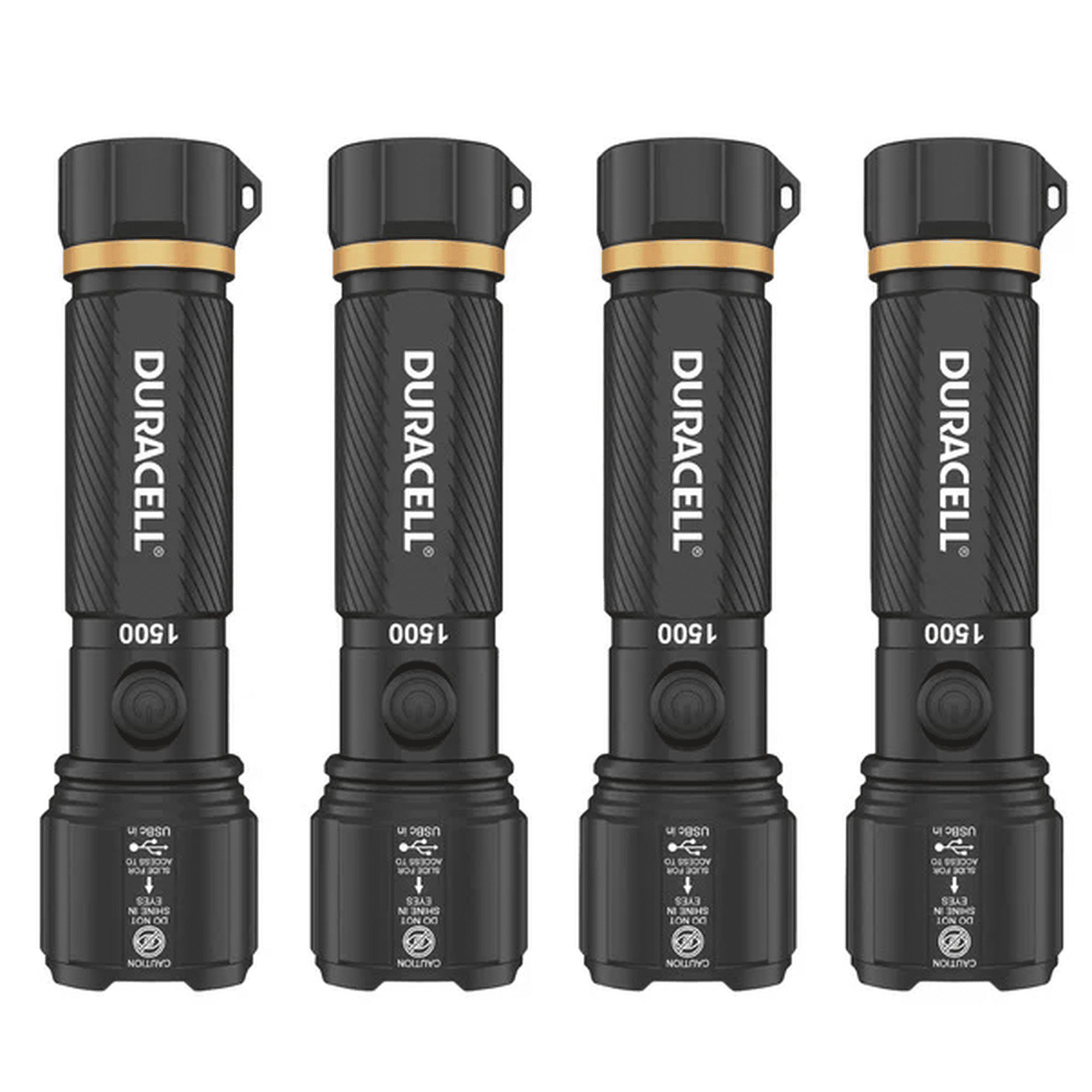 Duracell Durabeam Ultra Hybrid LED Flashlights Set of 4 – 1500 Lumens, Rechargeable USB-C & AAA Battery Options, Weather-Resistant Aluminum – Black