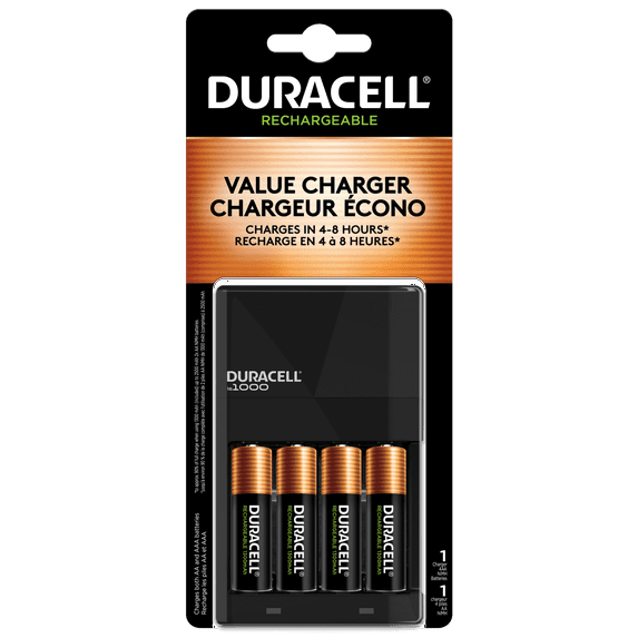 Duracell ION SPEED 1000 Rechargeable Battery Charger, Includes 4 AA NiMH Batteries, Multicolor